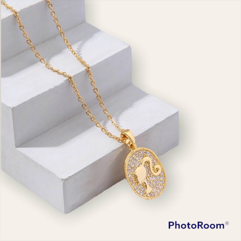 Gold plated barbie rhinestone studded pendant chain necklace